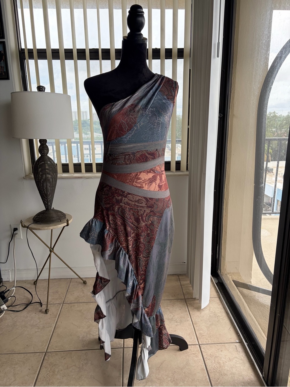 Boutique One Shoulder Asymmetrical Ruffle Midi Dress Paisley Blue Rust M